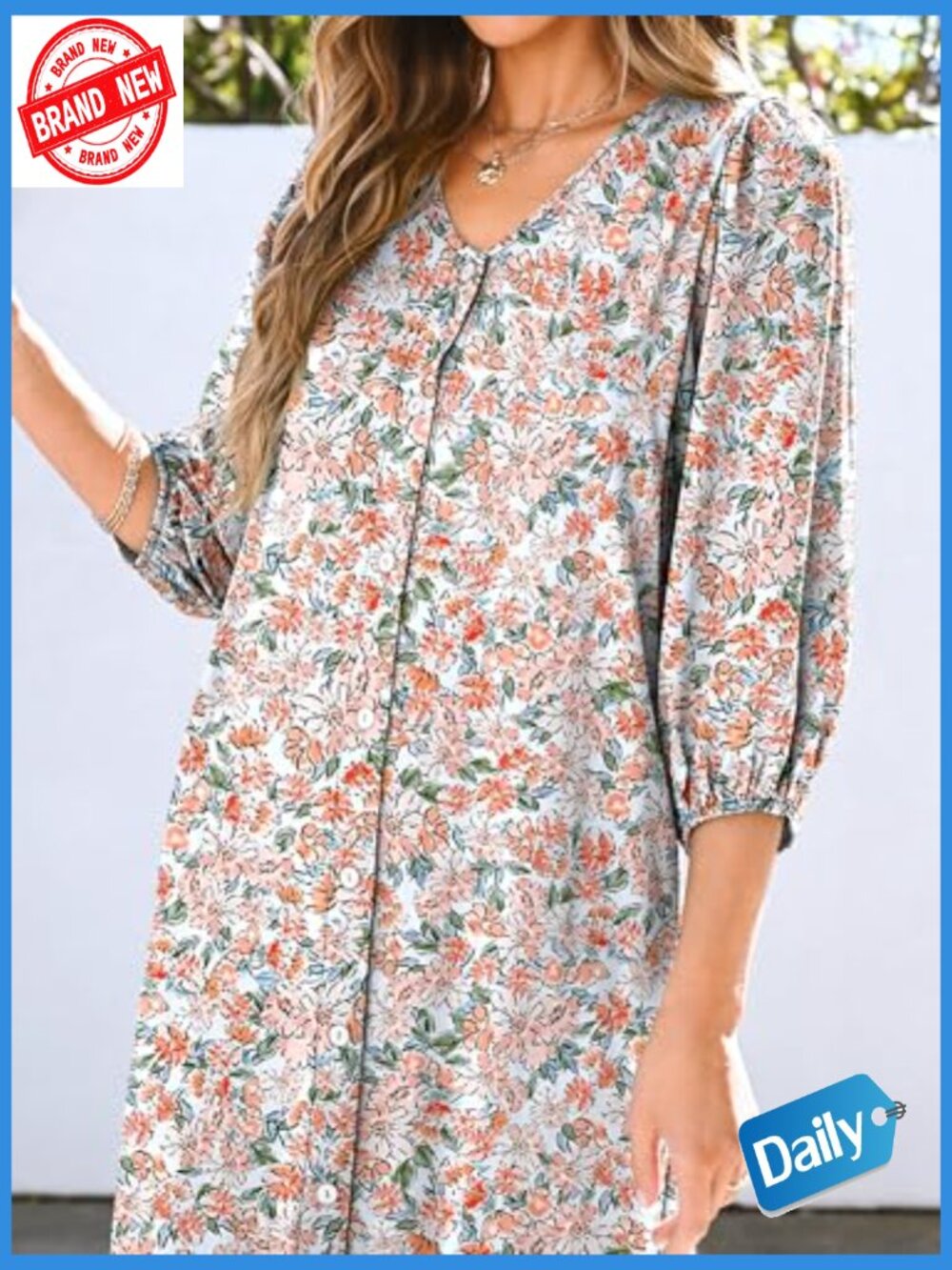 Boho Maxi Dress with Puff Sleeves Pockets Flowy Casual Loose Fit - Picture 5 of 7